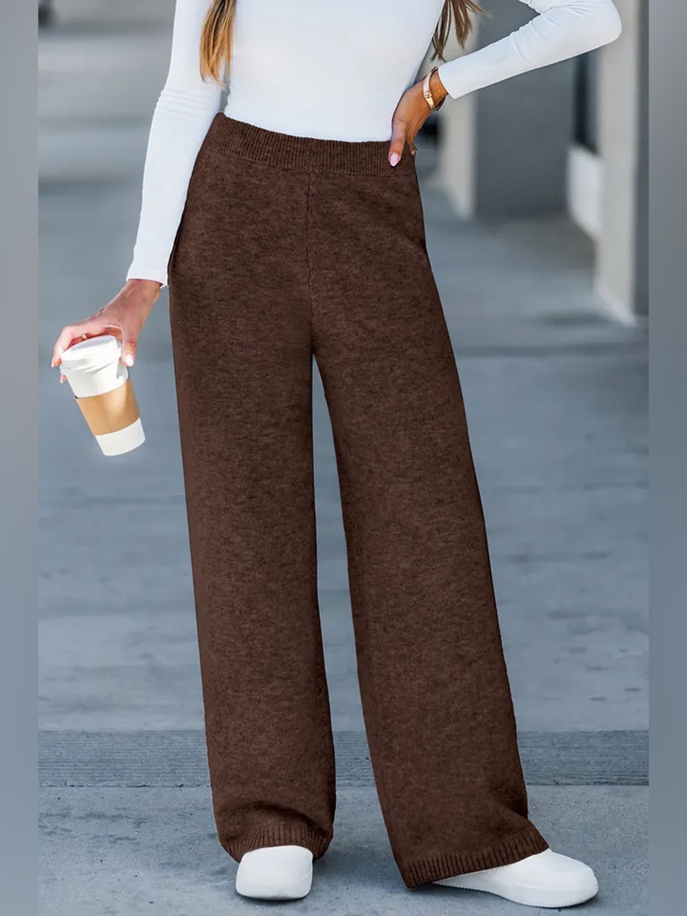 NWT Cupshe Hushed Tones Brown Wool Blend Knit Pants Size Large